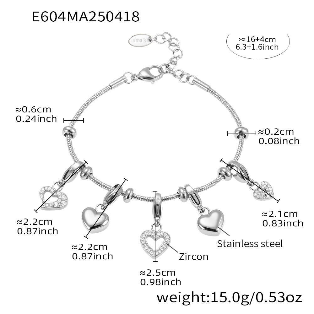 Wholesale 18K real gold stainless steel round bead heart shining zircon bracelet